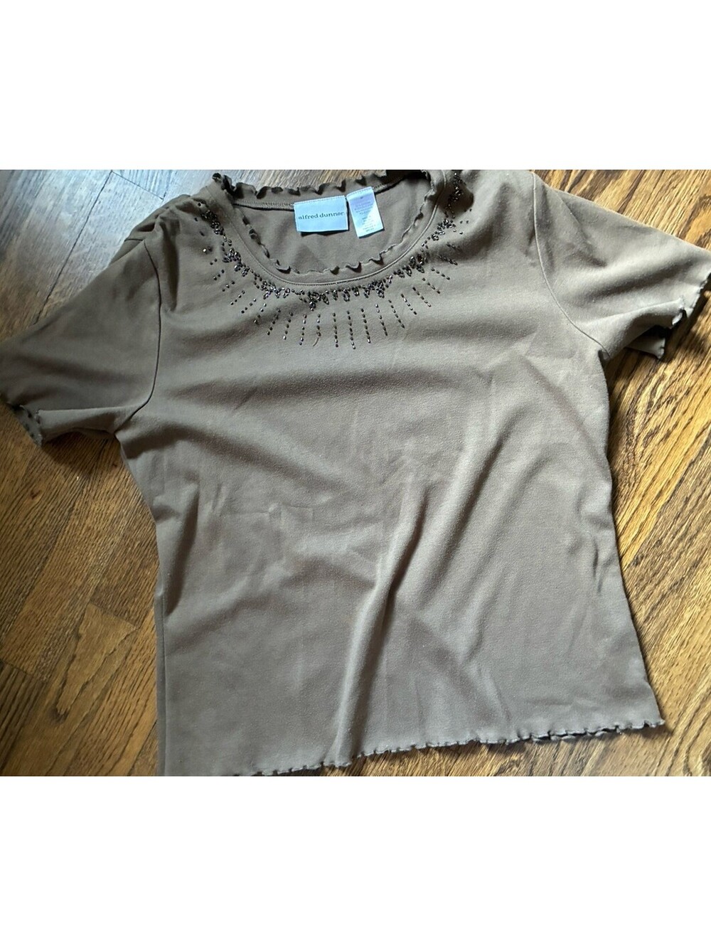 Alfred Dunner Womens M Brown Solid Knit Beaded Ruffle Round Neck Pullover Top